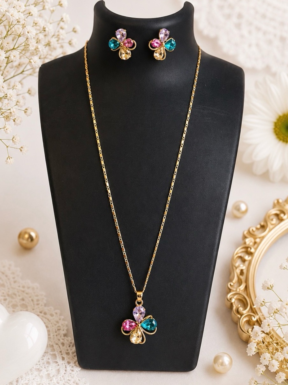 Multicolor Rhinestone Flower Pendant Necklace & Earring Set - Gold Tone